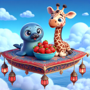 A little blue sea Seal and giraffe both eating 
a bowl of strawb...