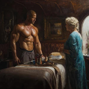 Hyperrealistic art,. a muscular Russian man in his beach hotel r...