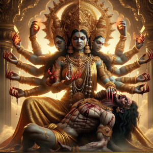 portrait of angry looking, four-armed indian goddess  sitting on a gold crown and carrying a weak mahishasur on her lap and poking his abdomen with her amazingly long red fingernails . She is wearing gold armor, a huge gold crown, gold saree, abundant  gold jewelry, covered in blood. The scene is set in ancient India. The image is 8K resolution, cinematic, photography, ultra detailed face and epic.