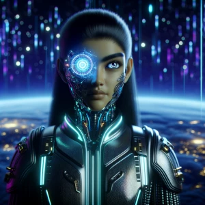 > A stunning female cyclops android with one single glowing cybe...