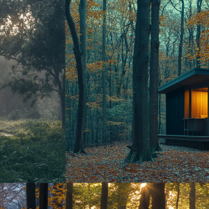 A wooden cabin in an oak forest in Bauhaus style, hyper realisti...