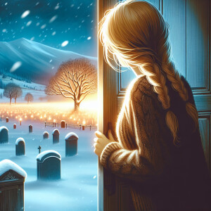 A girl with blonde hair opens the door of the house, at night in...