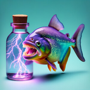 Purple lime piranha no teeth playing with a bottled lightning
