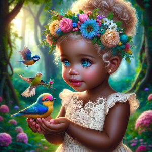 A magical scene featuring a light-skinned African-American toddl...