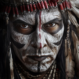 A native american indian with intricate white facial paint, feat...