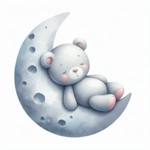 A cute, cartoon teddybear lies on a stylized, soft blue grey crescent moon. The moon shows the crater holes and relief in the surface. The teddy bear is light gray with large, round, pink-spotted ears.  Its body is round and he has expressive eyes.  its facial expression is happy and friendly. The teddy bears posture is relaxed, lying down in the curve of the moon stomach down. his left leg and arm are hanging down. The moon is a soft, shaded blue, with watercolor-like texture and subtle shading. The background is white. The image is in a child-friendly style, showcasing delicate line work and color palettes. The composition is centered on the teddy bear which is positioned lying slumped face down on  the moon, giving the moon a hug with closed eyes. The overall style is sweet, whimsical, and reminiscent of children's book illustrations.  The colors are pastel and soothing, creating a gentle atmosphere.