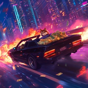 MEME DOGE driving a black muscle sports car, trunk overflowing...