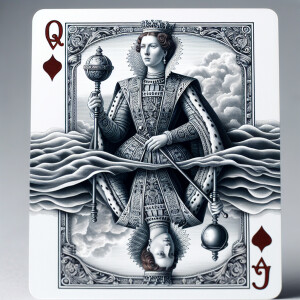 A playing card with a real looking queen stepping out of the car...