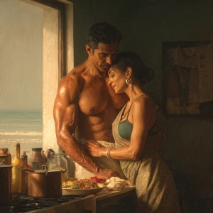 Hyperrealism.a muscular sweaty indian man standing behind and...
