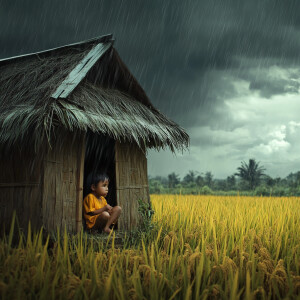 a small child in a hut in the middle of a rice field was taking...
