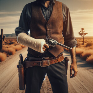 An old west cowboy standing in the middle of the road, in the m...