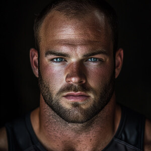 Create a dramatic muscular body childless man portrait image of...