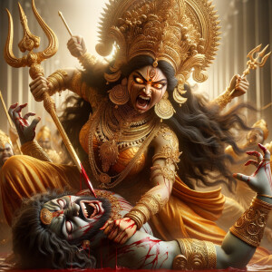 portrait of angry looking goddess durga pinning a weak mahishasur to the ground and stabbing him with her amazingly designed trident. She is wearing gold armor, a huge gold crown, gold saree, abundant  gold jewelry, covered in blood. The scene is set in ancient India. The image is 8K resolution, photography, cinematic, ultra detailed face and epic