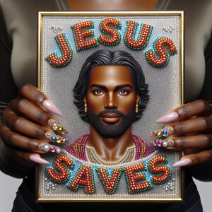 A 3D realistic artwork featuring the phrase 'Jesus Saves' adorne...