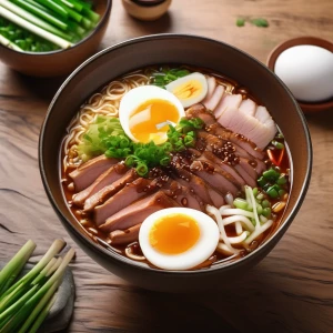 A single bowl of steaming ramen topped with sliced pork, a soft-boiled egg, and green onions.