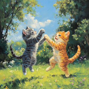 Two playful kittens, one gray and one orange, playing together o...