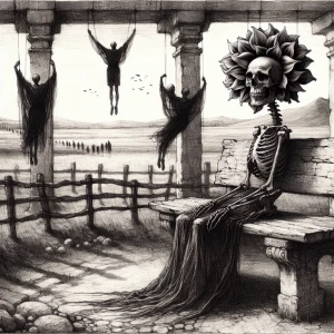A skeleton with a large black dahlia for a head is sitting on an...