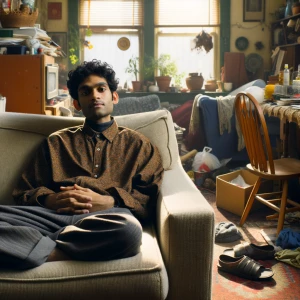 A lazy person laying down on a couch in a messy apartment