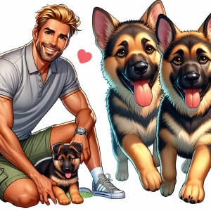 Two cute puppy dogs German Shepherd, a man, toned body blonde ha...