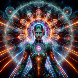 A Kirlian photography aesthetic, cyberpunk female, surrounded by...