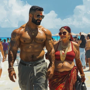 Realism art style ,a muscular beefy sweaty man walking on bahama...