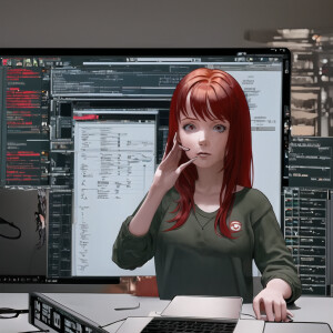 red-haired girl working at a MacBook and making the matrix of th...