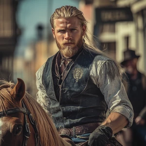 Wanted man muscle dirt blonde hair blonde beard wearing black chaps with blue jeans on a black leather vest. In the morning riding a horse with tan and brown. He is in a old fashion town.