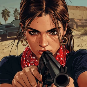 Lucia from GTA, girl with brown hair, thick eyebrows, pumped up...