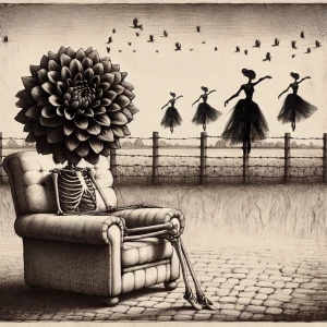 A skeleton with a large black dahlia for a head is sitting on an...
