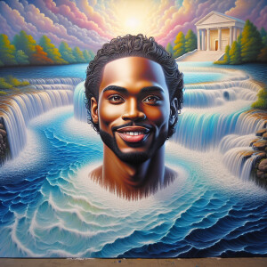 A hyper-realistic 3-D oil painting colorful waterfall with the f...