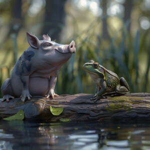 A frog sat on a log watching a hog, HDR, masterpiece, ultra-det...