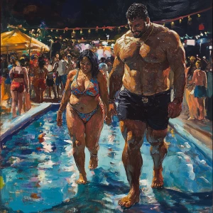 Fantasy painting,a muscular beefy sweaty man walking with his 51...