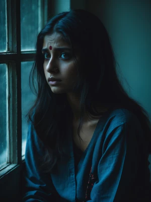 “Present-day Indian girl (Anamika Sharma) sitting near window, h...