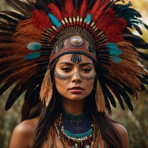 Young woman adorned in a richly decorated headdress, featuring a...
