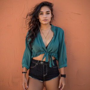 Photo of fair skinned latina, brunette, petite young woman, wear...