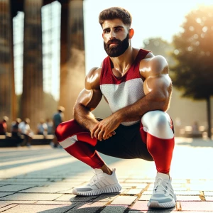 A muscular bodybuilder man is squatting outdoors, wearing a slee...