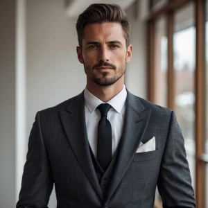 Photography, look to the front, a groom in a tailored modern sui...
