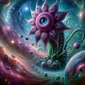 Mystical, otherworldly digital art featuring a surreal celestial...