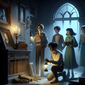 Four teenagers are in a dark scary mansion.