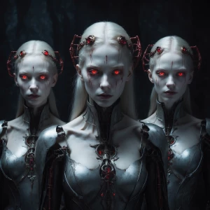Three ghostly women, red eyes, red tears, pale skin, dark backgr...