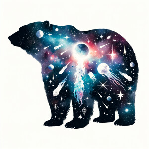 Cosmic watercolor filled animal silhouette on a blank white back...