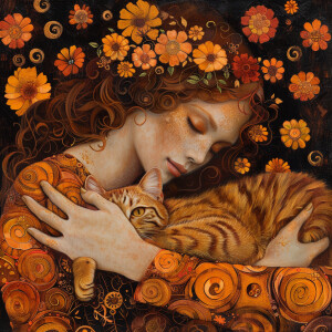 Create an image of a stunning woman adorned with flowers in her...