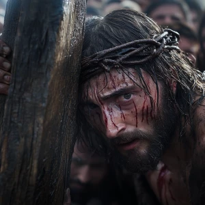 A close-up, gritty cinematic shot of Jesus's face, etched with p...