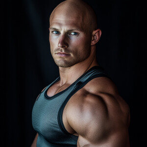 Create a dramatic muscular body portrait image of a 37 year old...