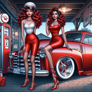 Airbrush style: Standing next to a 1950 Red Chevy truck silver r...