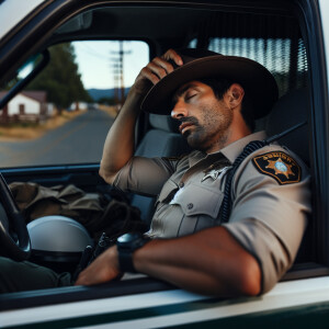 A worn-out deputy sheriff dozing off in the driver's seat of a p...