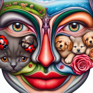 Create a surreal face where the nose is represented by a ladybug...