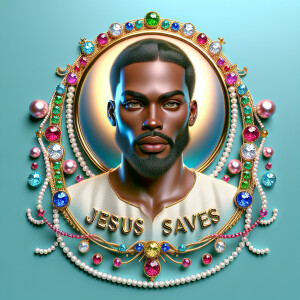 A 3D realistic artwork featuring the phrase 'Jesus Saves' adorne...