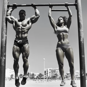 Two athletes, a man and a woman, performing pull-ups on adjacent...