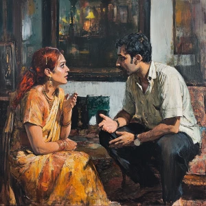 Realistic art 1:1, a muscular, perspiring man proposing marriage...